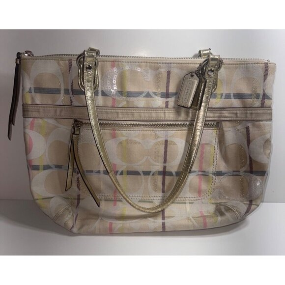Coach Poppy Tattersall Signature Plaid Tote Bag Metallic Leather Trim 19871 15” - Picture 1 of 11